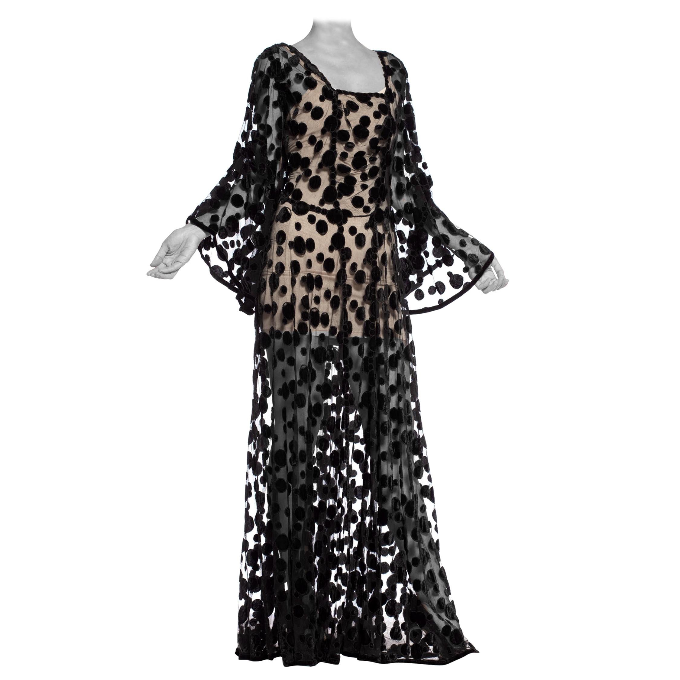1930'S Black Sheer Rayon & Cotton Tulle Gown Covered In Silk Velvet Polka Dots 