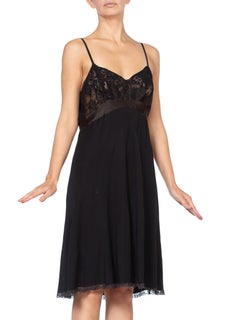 1950S I.MAGNIN Black Bias Cut Silk & Lace Couture Sewn Slip Dress XL