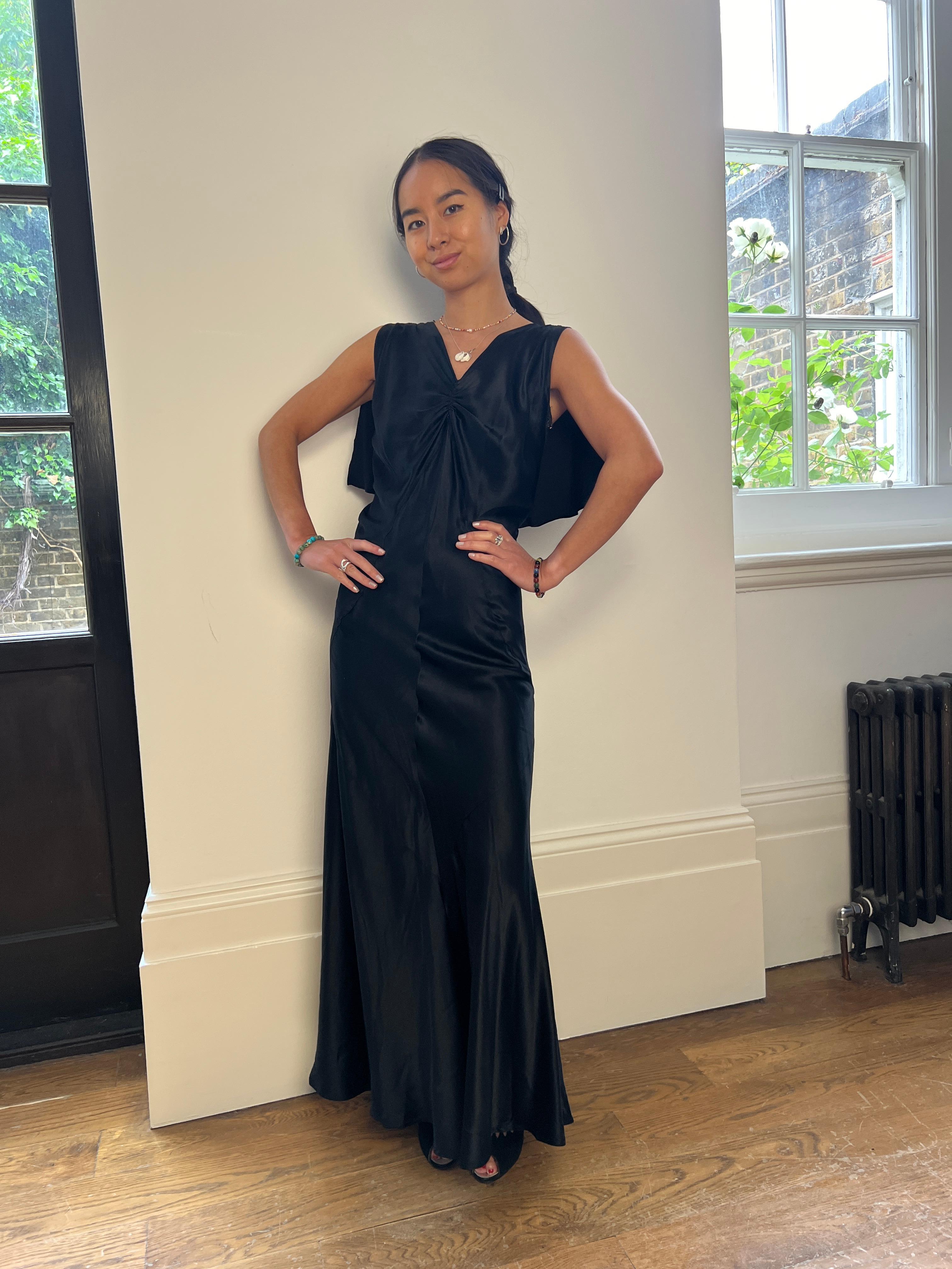 1930s Couture Black Silk Dress with Gold Lamé Inserts For Sale 1