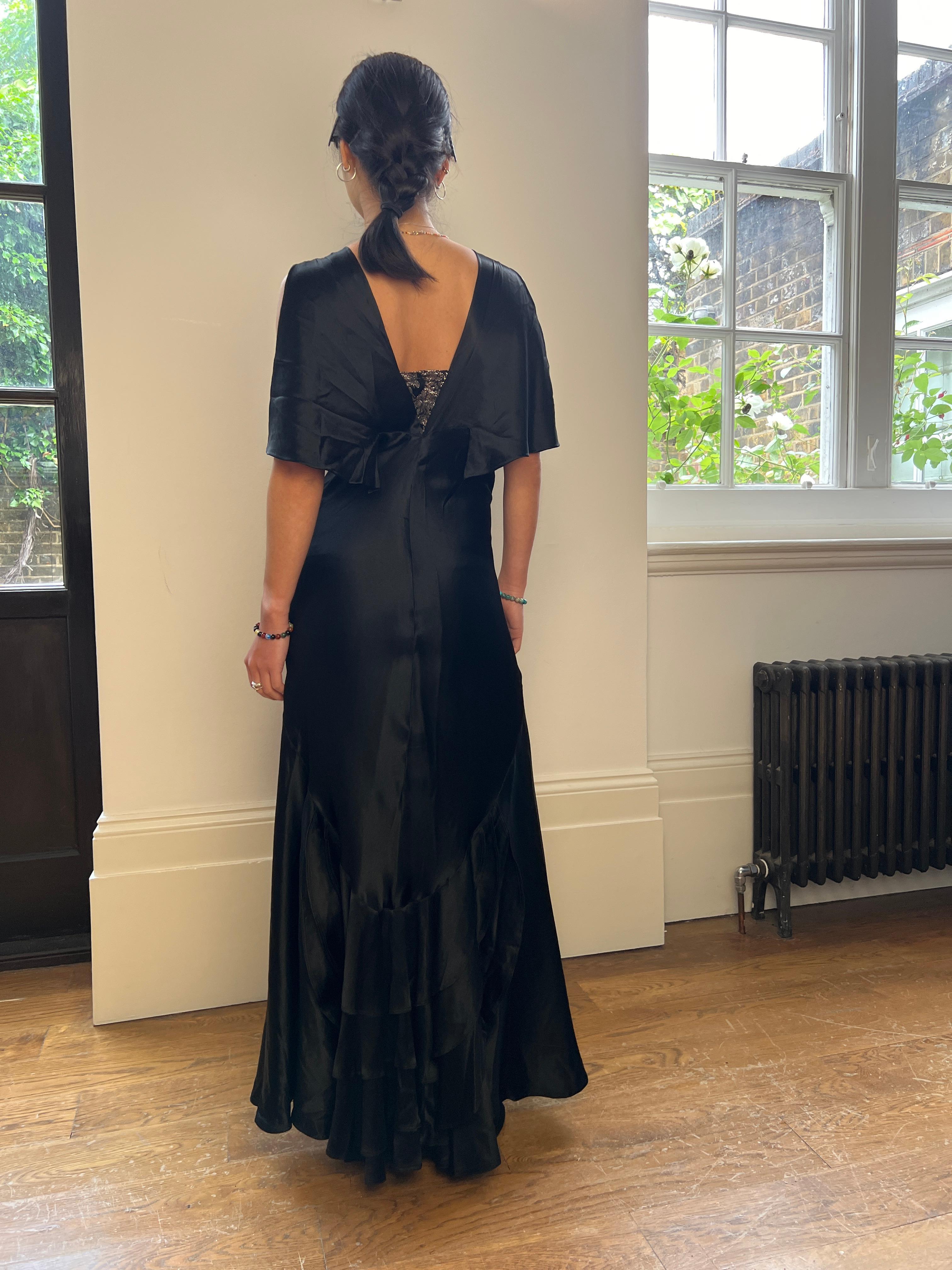 1930s Couture Black Silk Dress with Gold Lamé Inserts For Sale 2