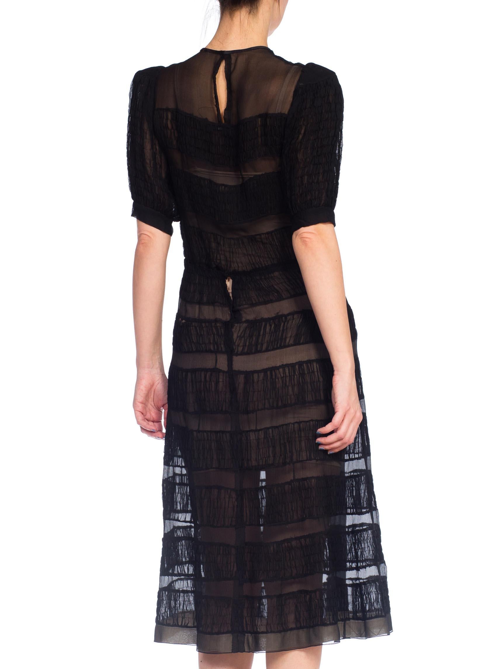 1930S  Black Sheer Silk Chiffon Dress With Couture Hand Shirring From Paris In Excellent Condition In New York, NY
