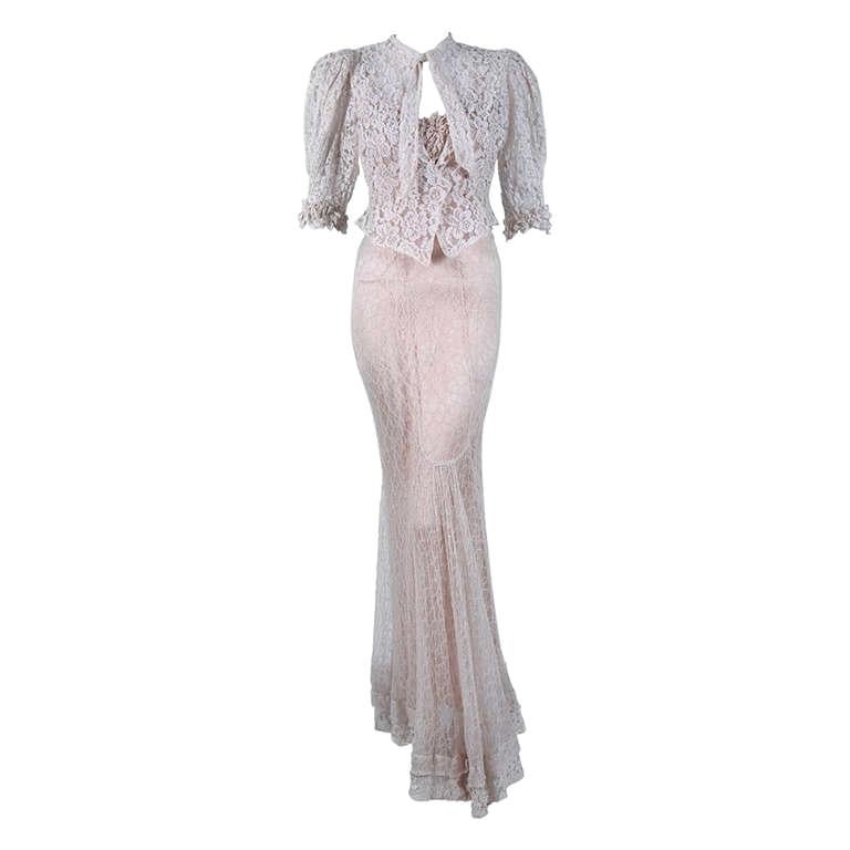 1930's Couture Ivory Lace Bias-Cut Hourglass Deco Gown and Matching Jacket
