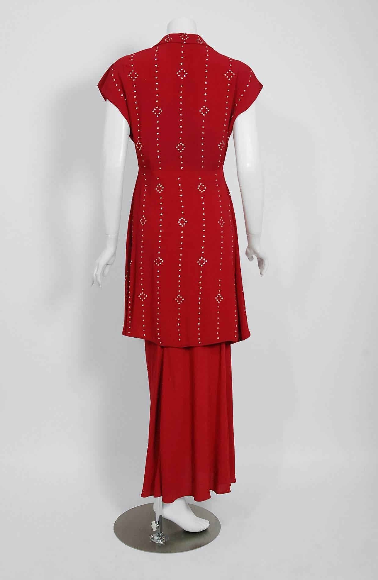 1930's Couture Merlot Red Crepe Bias-Cut Belted Gown & Rhinestone Studded Jacket 5