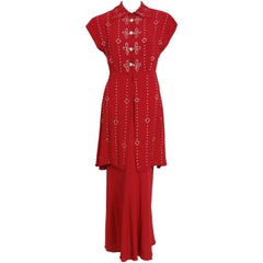 1930's Couture Merlot Red Crepe Bias-Cut Belted Gown & Rhinestone Studded Jacket