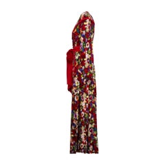1930s Couture Rainbow Floral Crepe Maxi Dress with Red Sash Belt