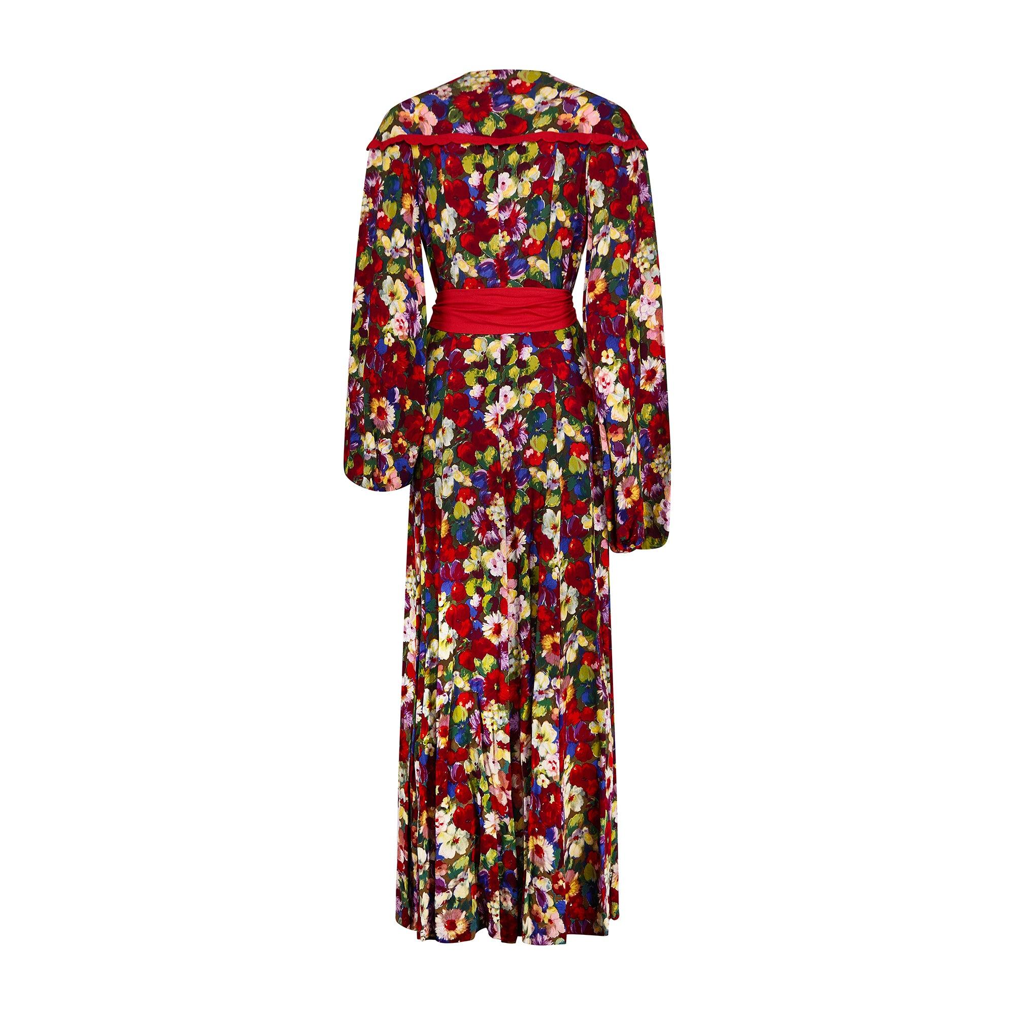 Brown 1930s Couture Rainbow Floral Crepe Maxi Dress with Red Sash Belt For Sale