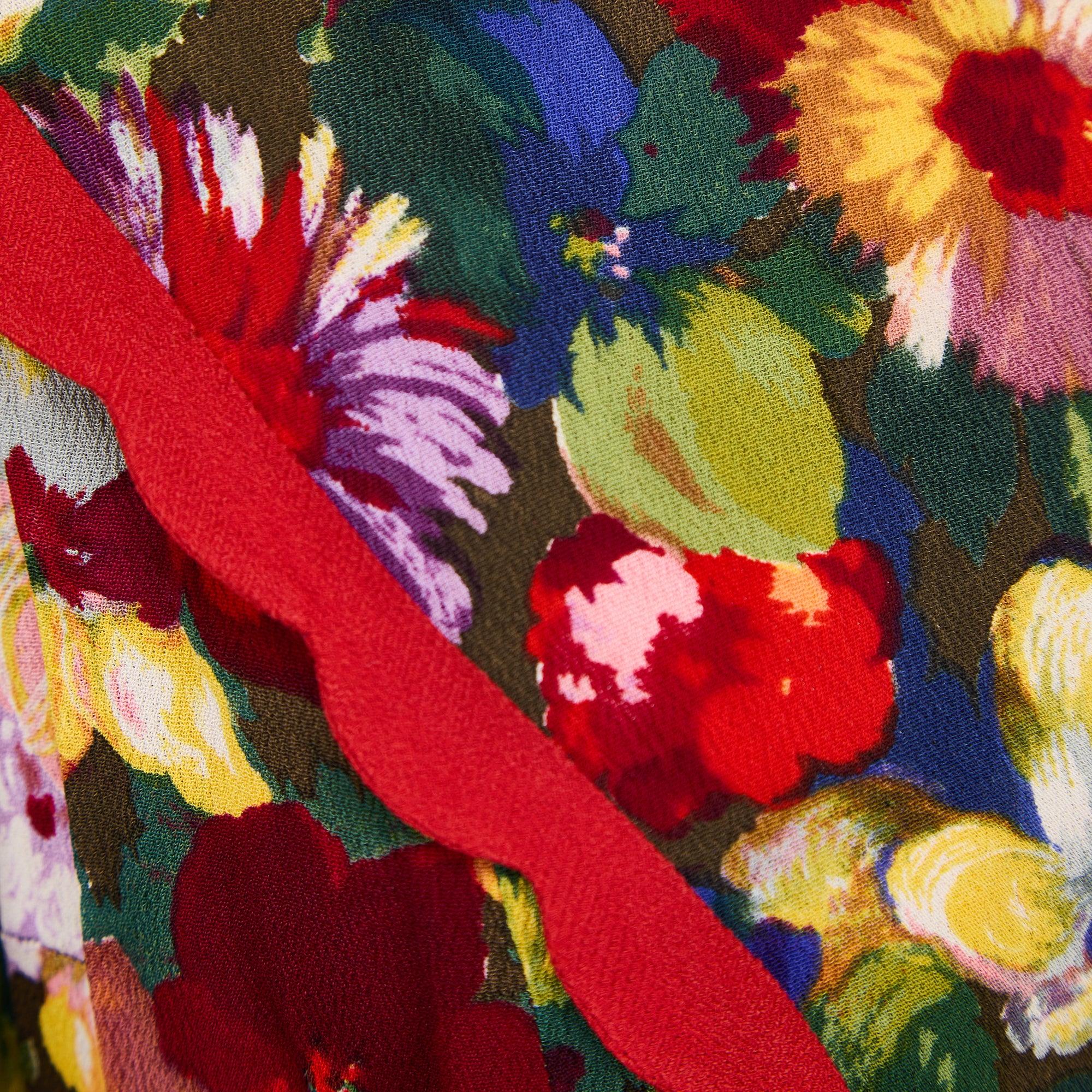 1930s Couture Rainbow Floral Crepe Maxi Dress with Red Sash Belt In Excellent Condition For Sale In London, GB