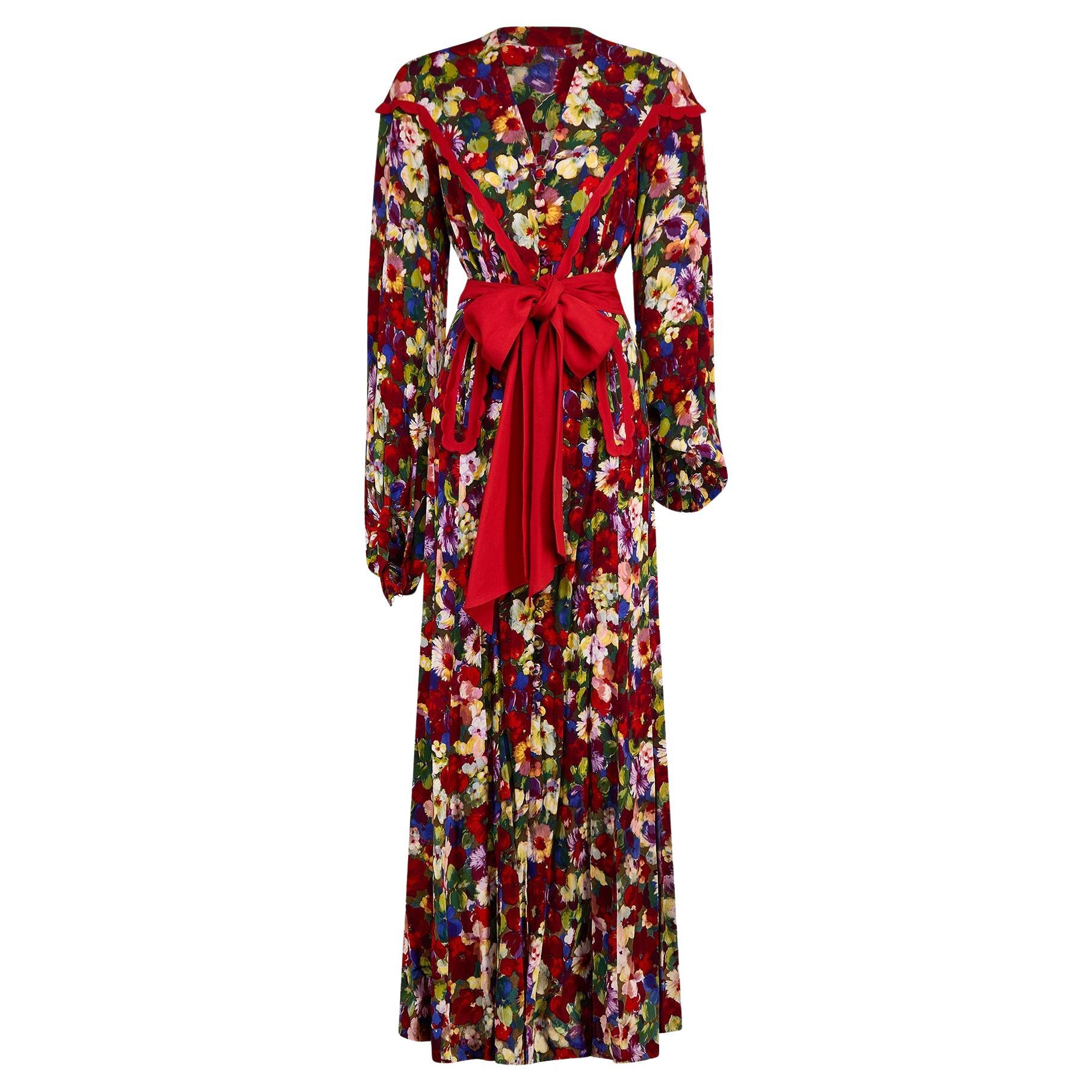 1930s Couture Rainbow Floral Crepe Maxi Dress with Red Sash Belt For Sale