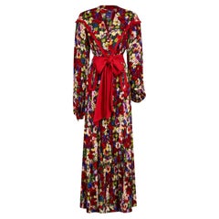 1930s Couture Rainbow Floral Crepe Maxi Dress with Red Sash Belt