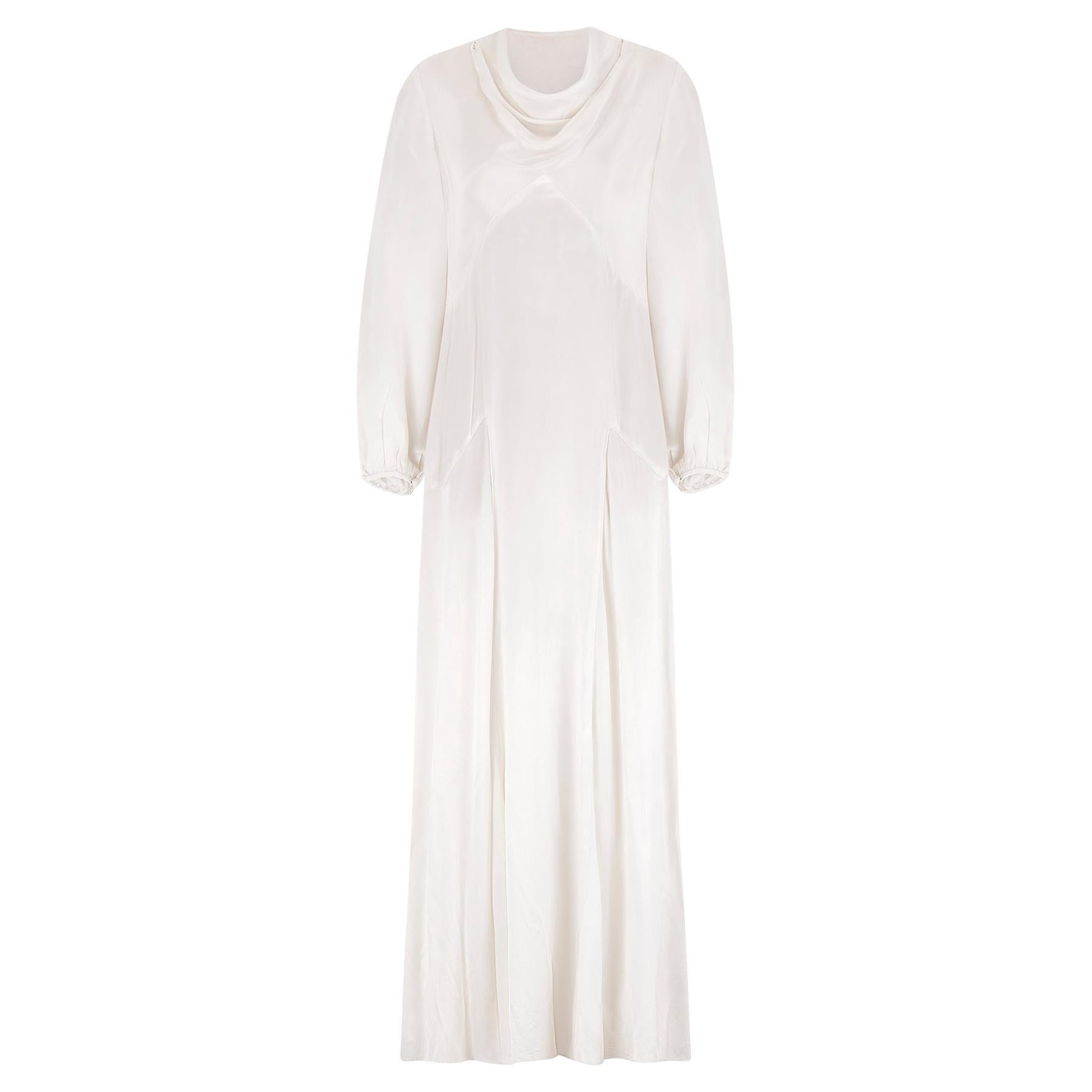 1930s Cowl Neck Gathered Cuff White Satin Dress For Sale