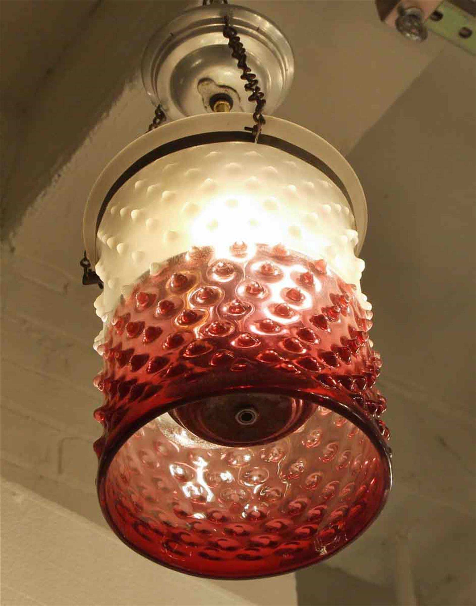 American 1930s Cranberry Glass Drum Pendant Light with Original Hardware