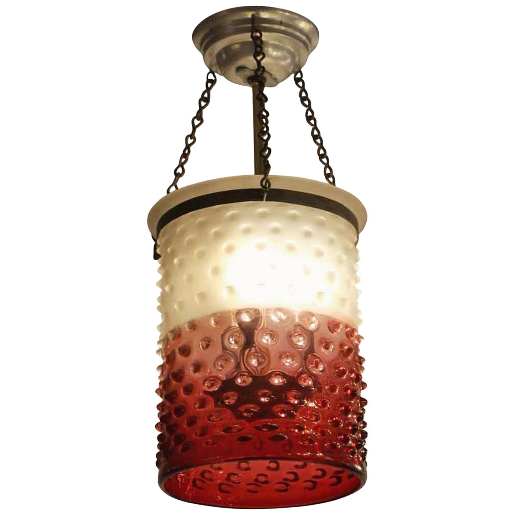 1930s Cranberry Glass Drum Pendant Light with Original Hardware