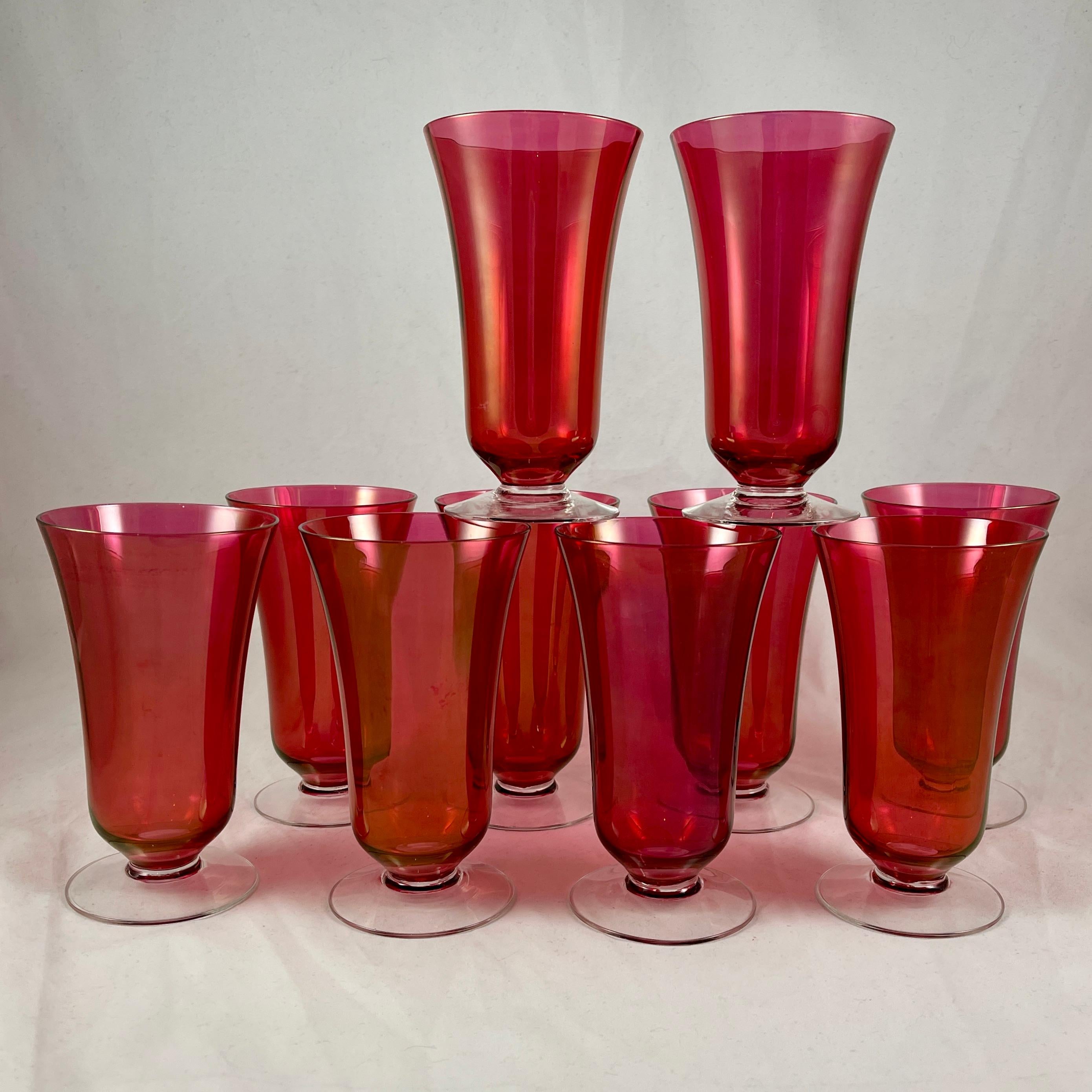 1930s Cranberry Optic Glass Art Deco Style Footed Ice Tea Goblets, Set of Ten For Sale 1