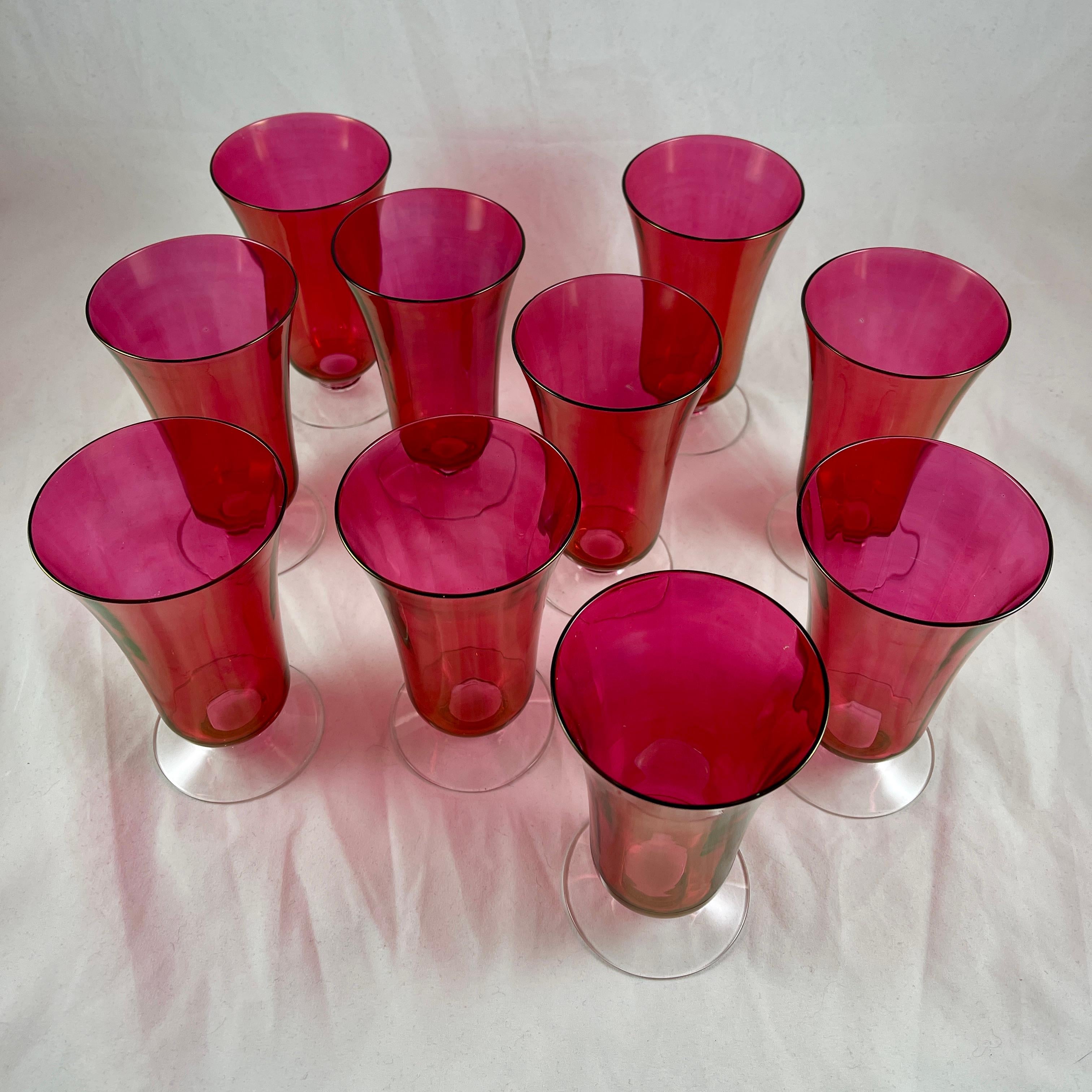 American 1930s Cranberry Optic Glass Art Deco Style Footed Ice Tea Goblets, Set of Ten For Sale