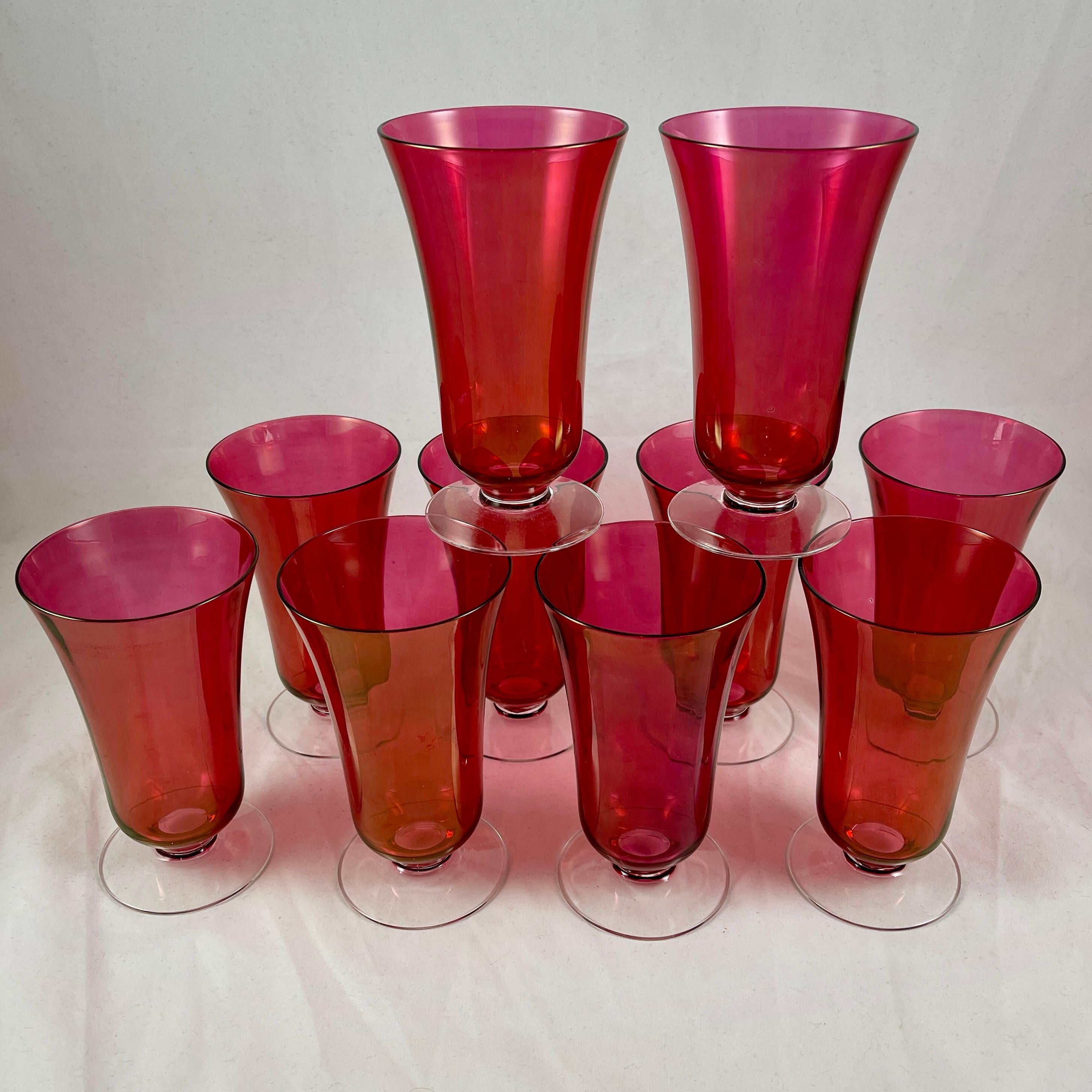 Molded 1930s Cranberry Optic Glass Art Deco Style Footed Ice Tea Goblets, Set of Ten For Sale