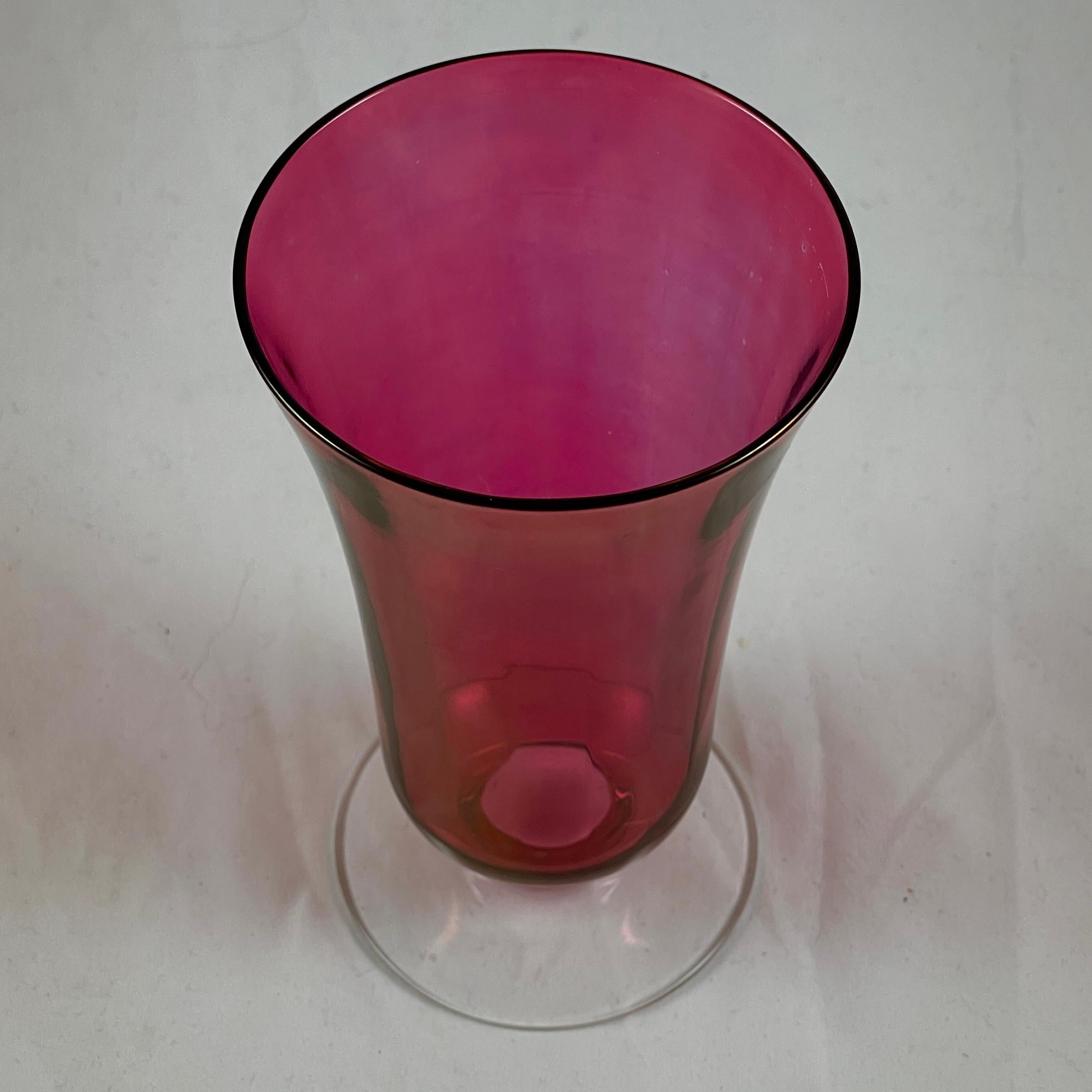 Mid-20th Century 1930s Cranberry Optic Glass Art Deco Style Footed Ice Tea Goblets, Set of Ten For Sale