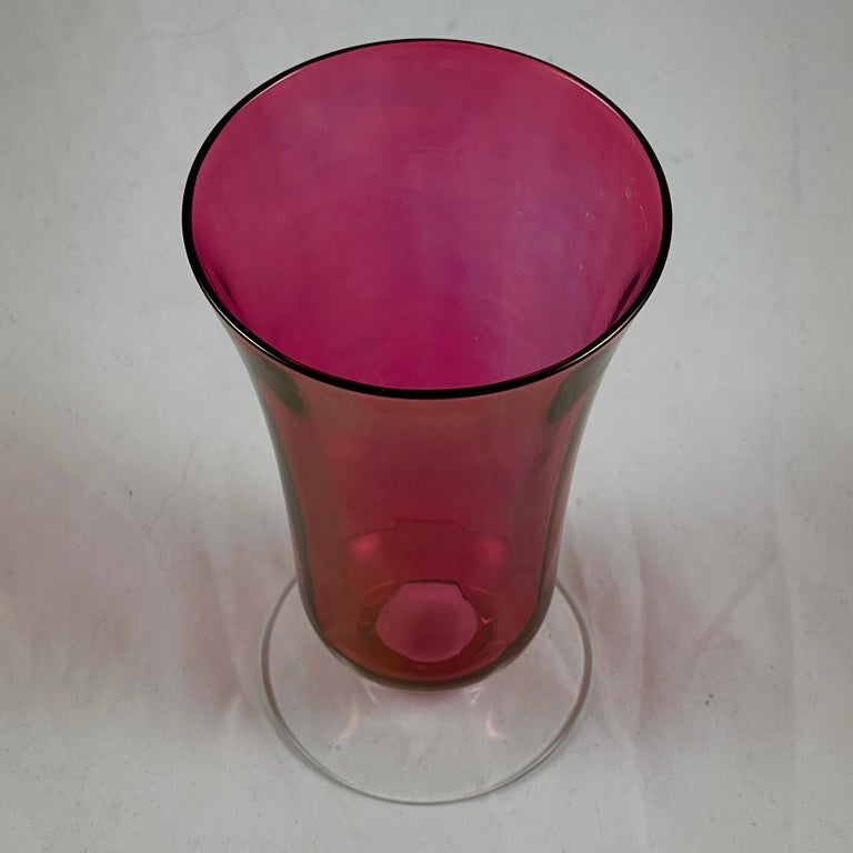 1930s Cranberry Optic Glass Art Deco Style Footed Ice Tea Goblets, Set