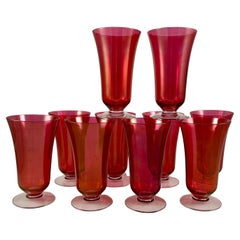 Vintage 1930s Cranberry Optic Glass Art Deco Style Footed Ice Tea Goblets, Set of Ten