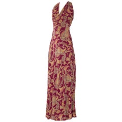 1930S Rojo arándano Paisley Rayón sin espalda Bias Cut Slip Dress