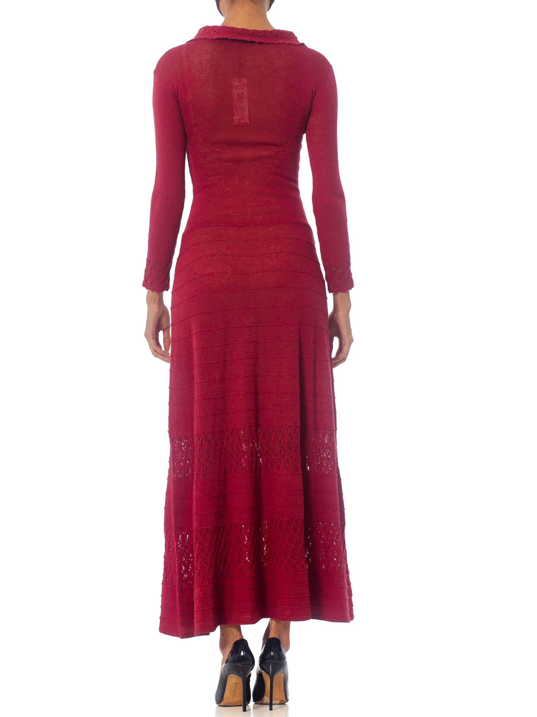 1930S Cranberry Red Rare Rayon Blend Knit Maxi Dress With Sleeves In Excellent Condition For Sale In New York, NY