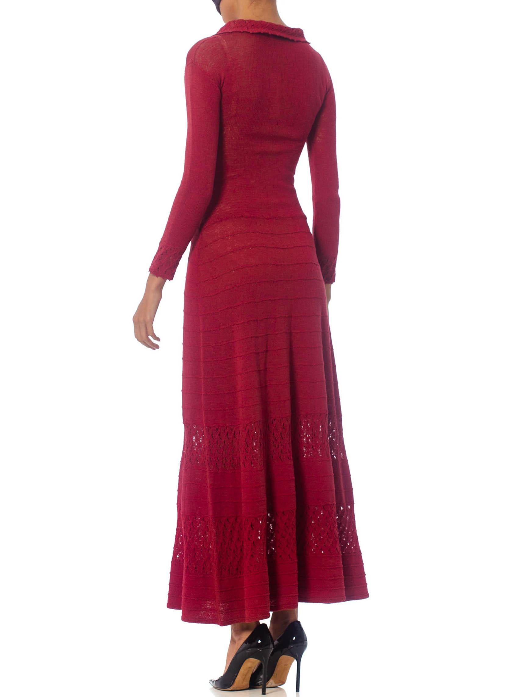 Women's 1930S Cranberry Red Rare Rayon Blend Knit Maxi Dress With Sleeves