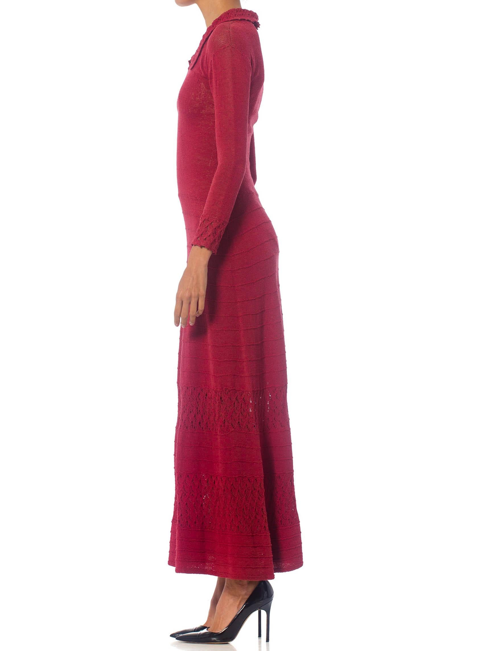 1930S Cranberry Red Rare Rayon Blend Knit Maxi Dress With Sleeves For Sale 1
