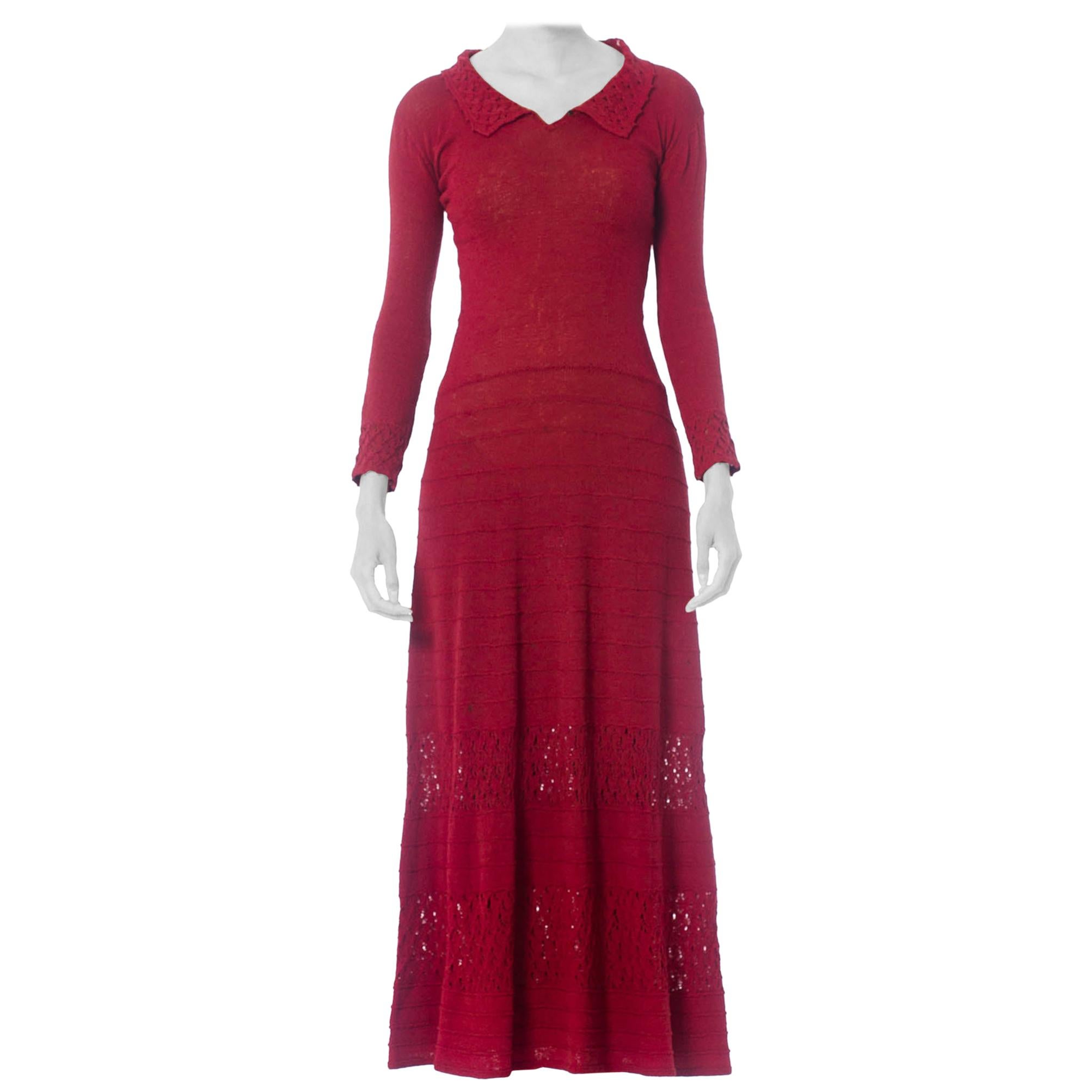 1930S Cranberry Red Rare Rayon Blend Knit Maxi Dress With Sleeves