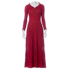 Vintage 1930S Cranberry Red Rare Rayon Blend Knit Maxi Dress With Sleeves