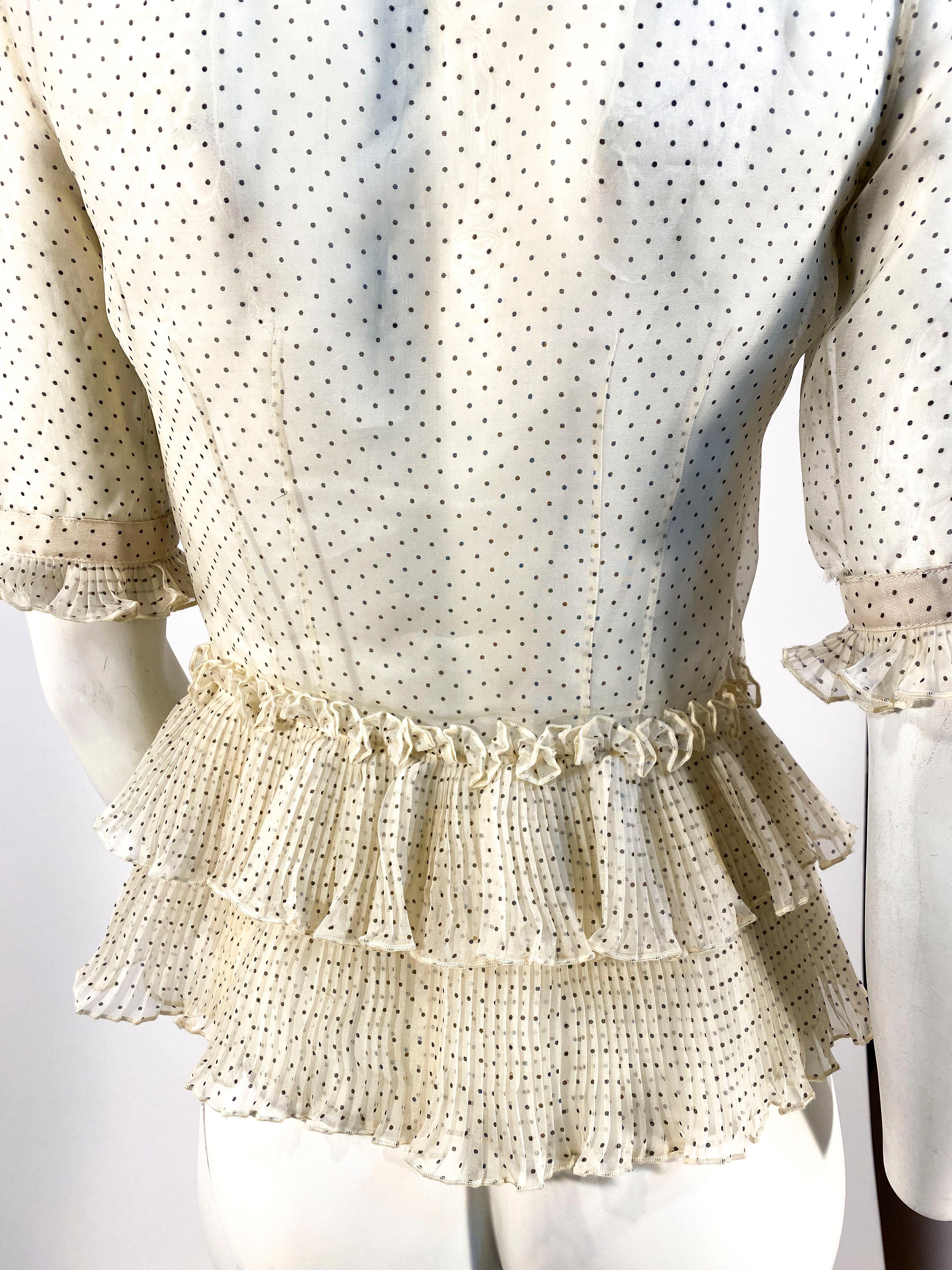 1930s Cream and Polka Dot Sheer Ruffle Blouse In Good Condition In San Francisco, CA