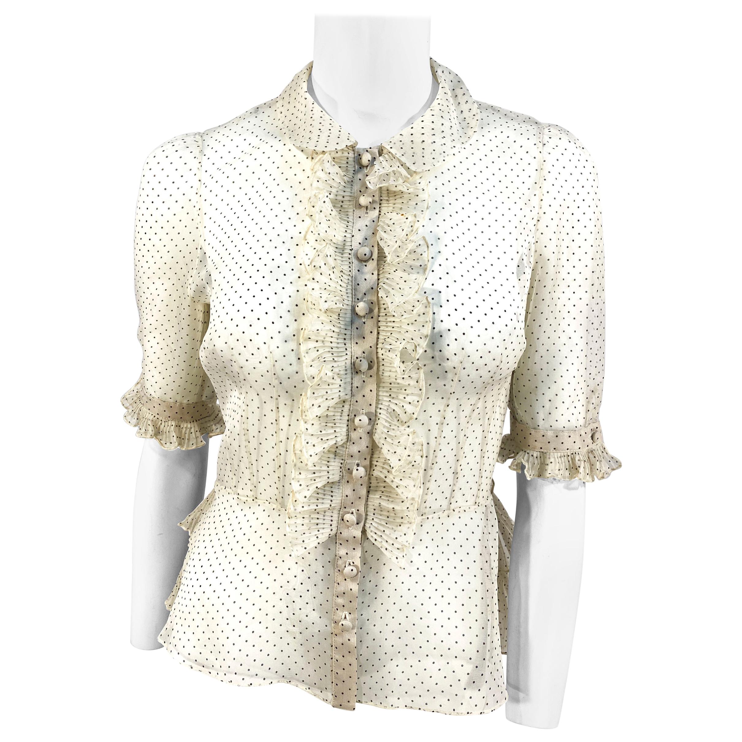 1930s Cream and Polka Dot Sheer Ruffle Blouse