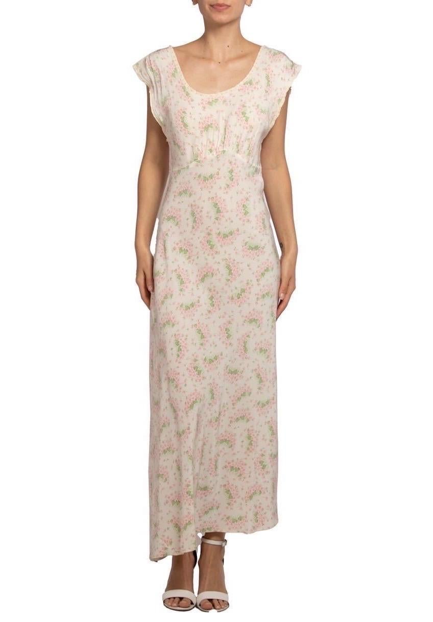 1930S Cream Bias Cut Cold Rayon Negligee With Pink And Green Floral Print In Excellent Condition For Sale In New York, NY