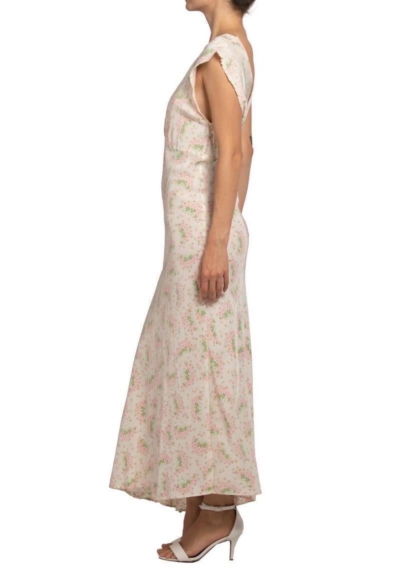 Women's 1930S Cream Bias Cut Cold Rayon Negligee With Pink And Green Floral Print For Sale