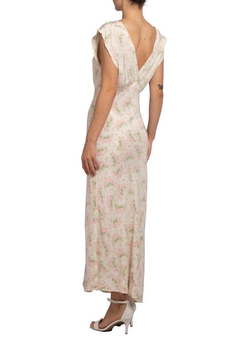 1930S Cream Bias Cut Cold Rayon Negligee With Pink And Green Floral Print For Sale 1