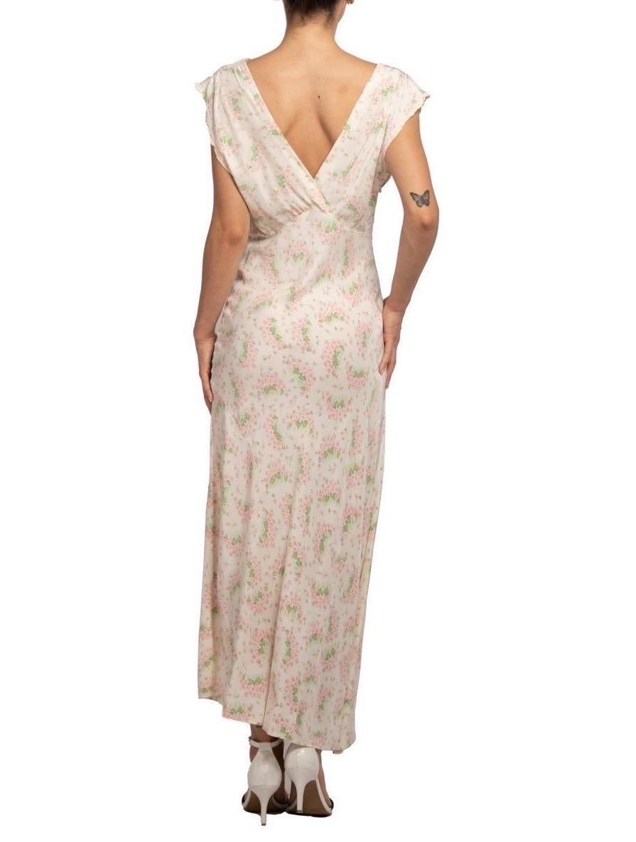 1930S Cream Bias Cut Cold Rayon Negligee With Pink And Green Floral Print For Sale 2