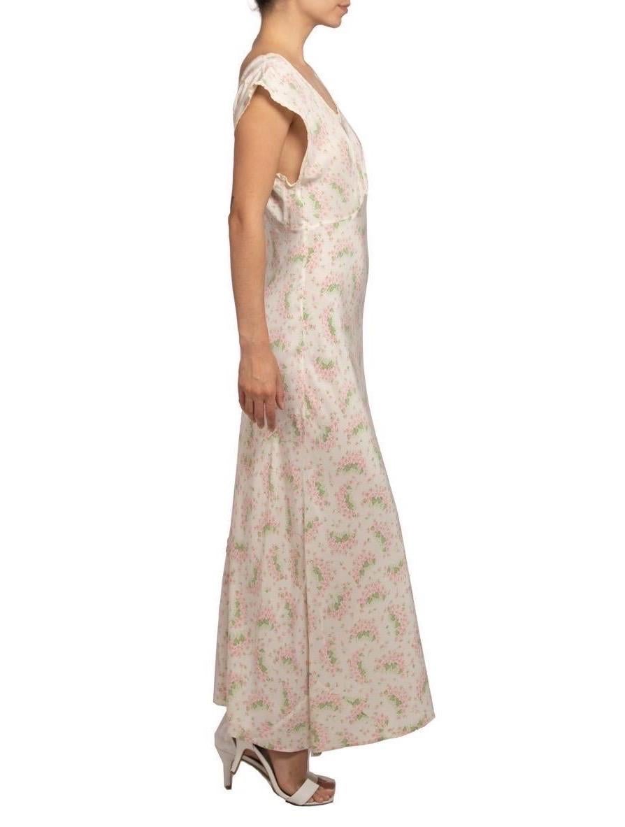1930S Cream Bias Cut Cold Rayon Negligee With Pink And Green Floral Print For Sale 4
