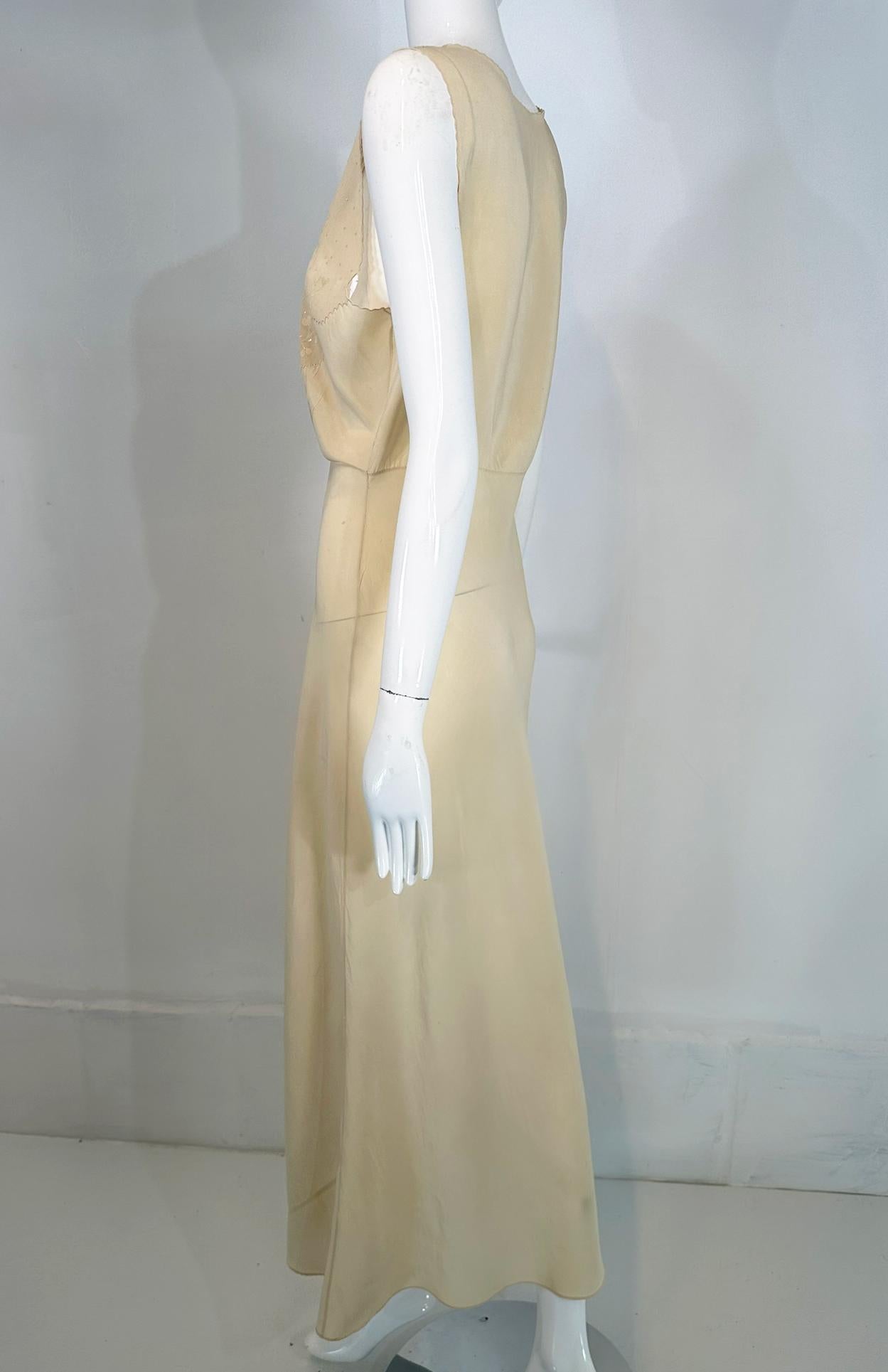 1930s Cream Bias Cut Sheer Silk Hand Embroidered & Appliqued Slip Dress Gown For Sale 7