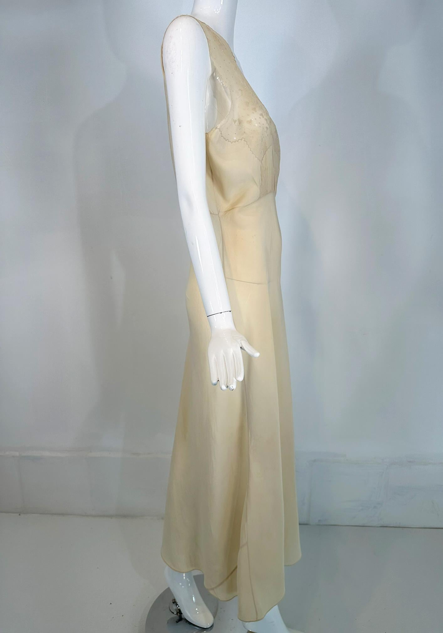 Women's 1930s Cream Bias Cut Sheer Silk Hand Embroidered & Appliqued Slip Dress Gown For Sale
