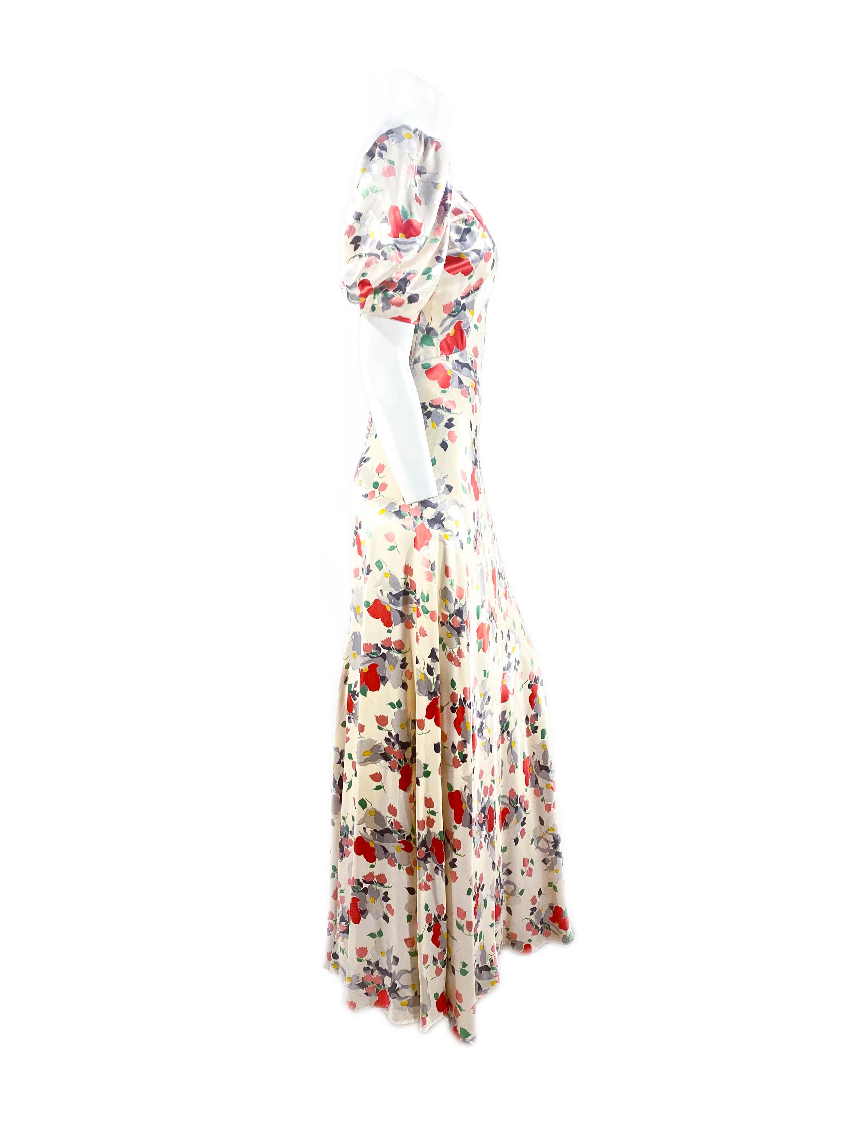 Beige 1930s Cream & Floral Printed Silk Satin Gown