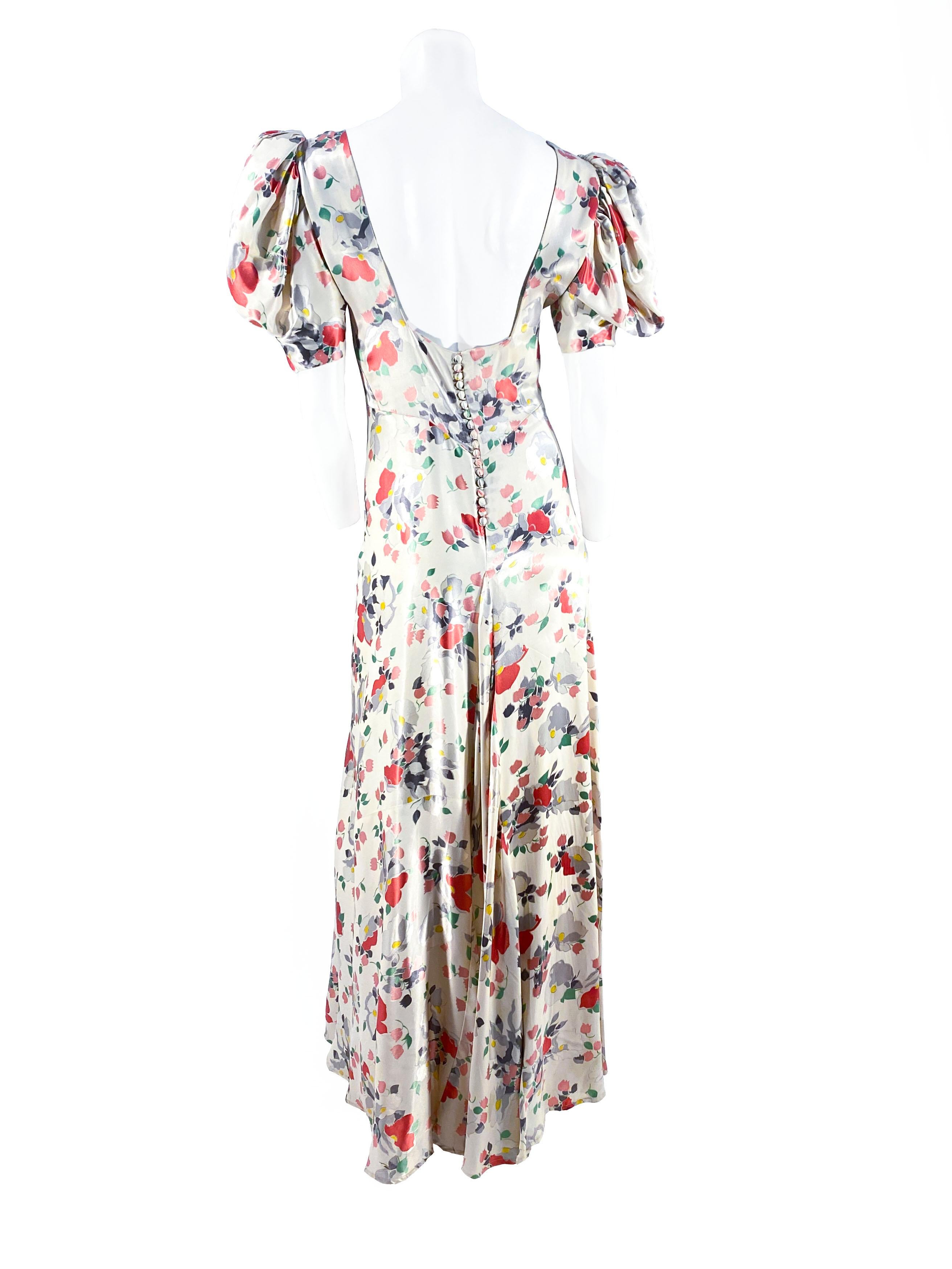 1930s Cream & Floral Printed Silk Satin Gown In Good Condition In San Francisco, CA