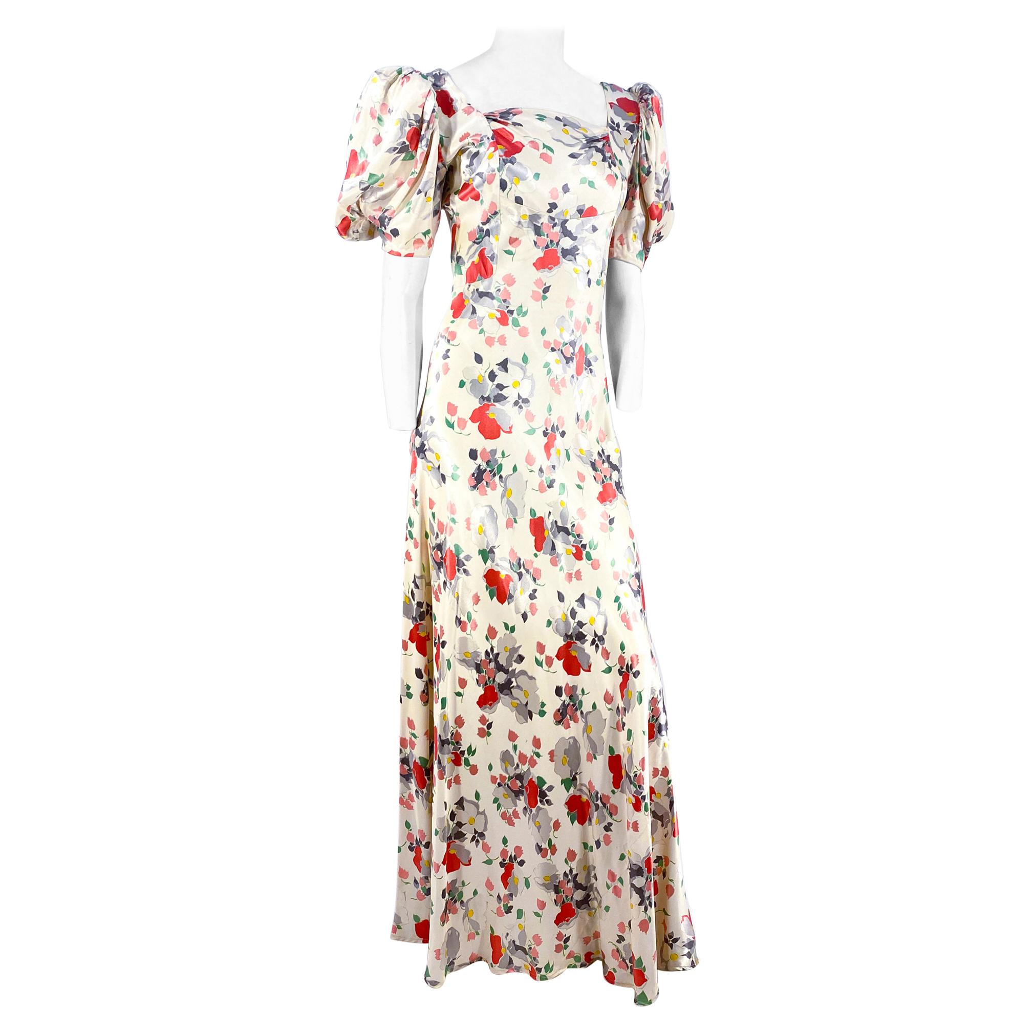 1930s Cream & Floral Printed Silk Satin Gown