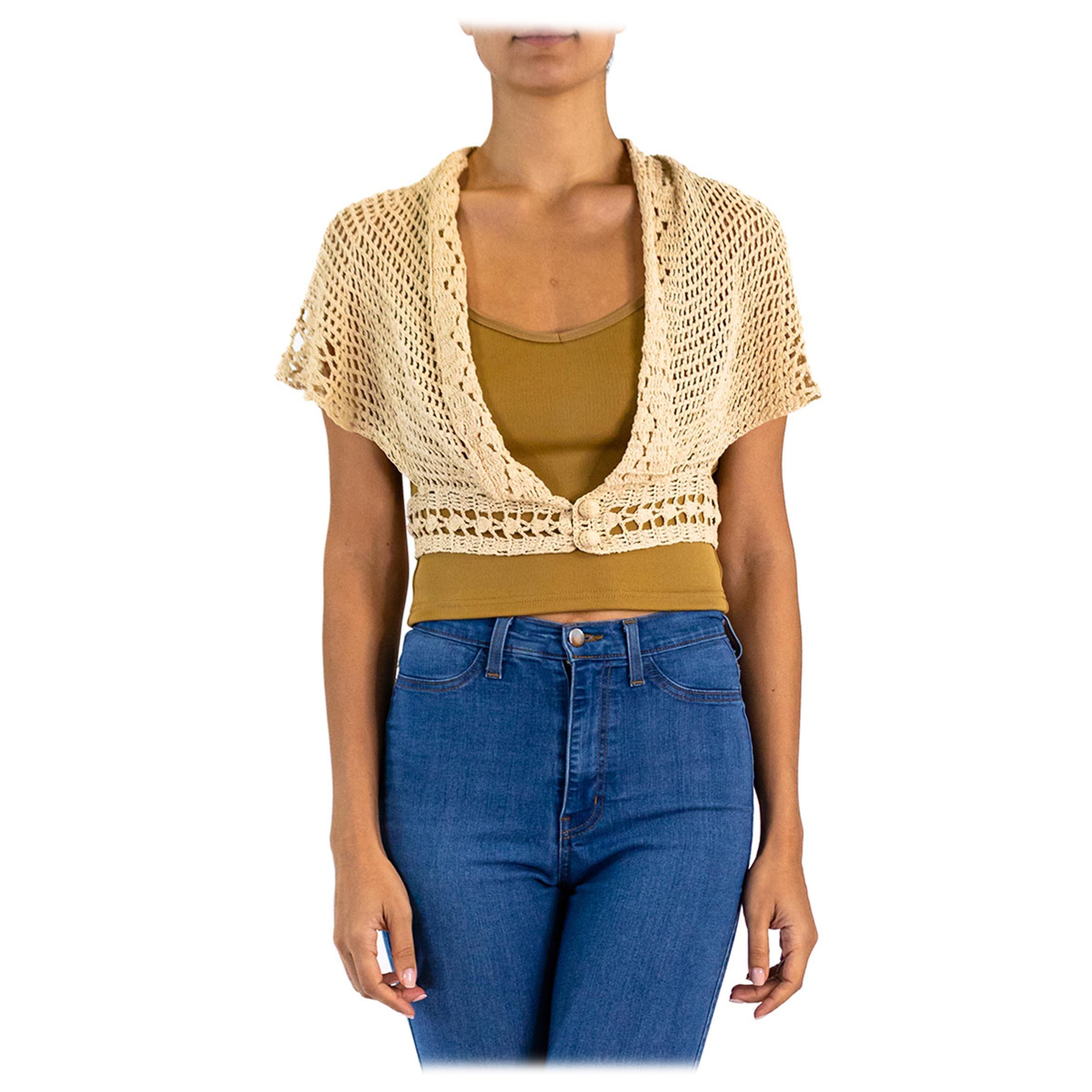 Cardigan à châles en coton crocheté à la main 1930S crème