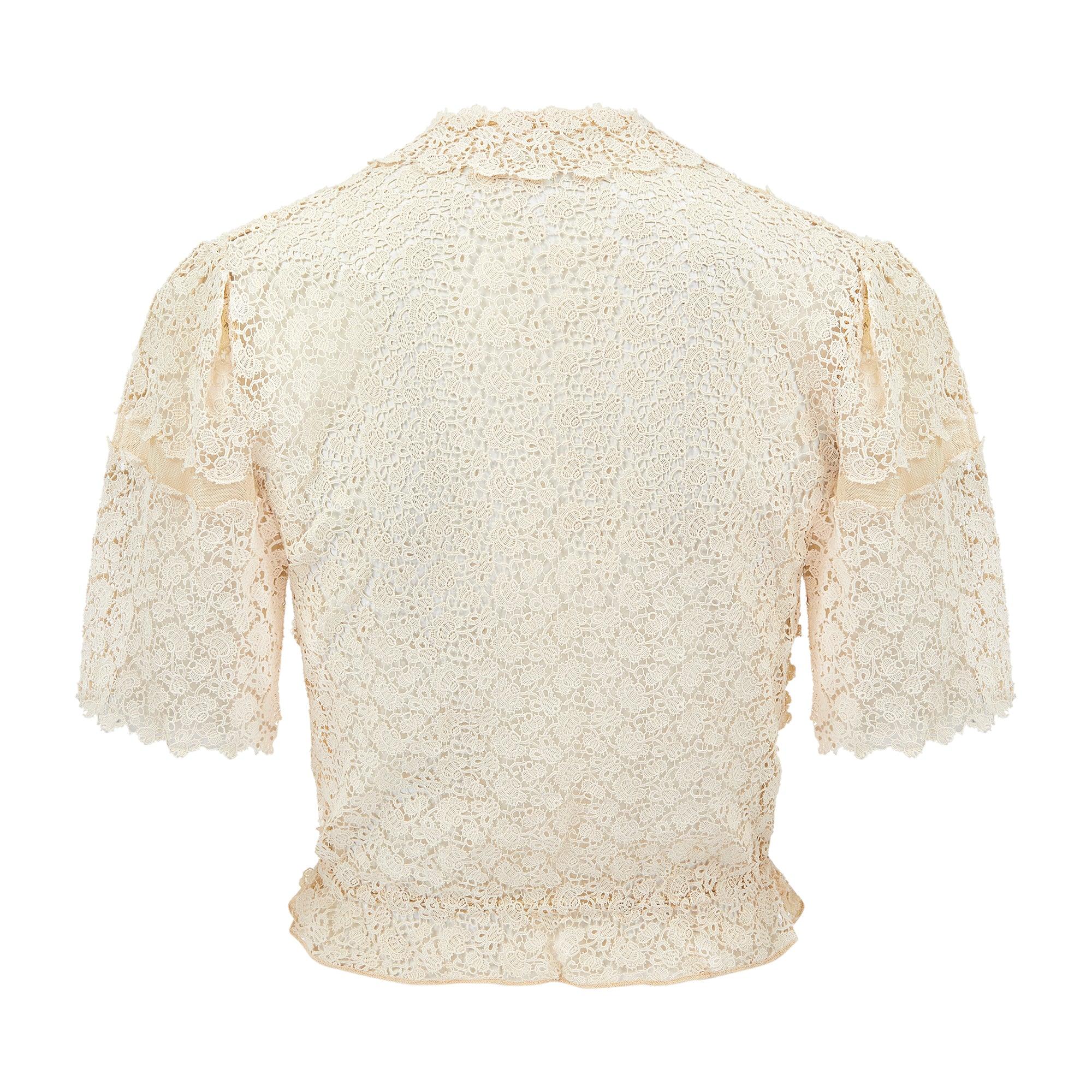 White 1930s Cream Lace and Tulle Blouse with Crochet Buttons For Sale