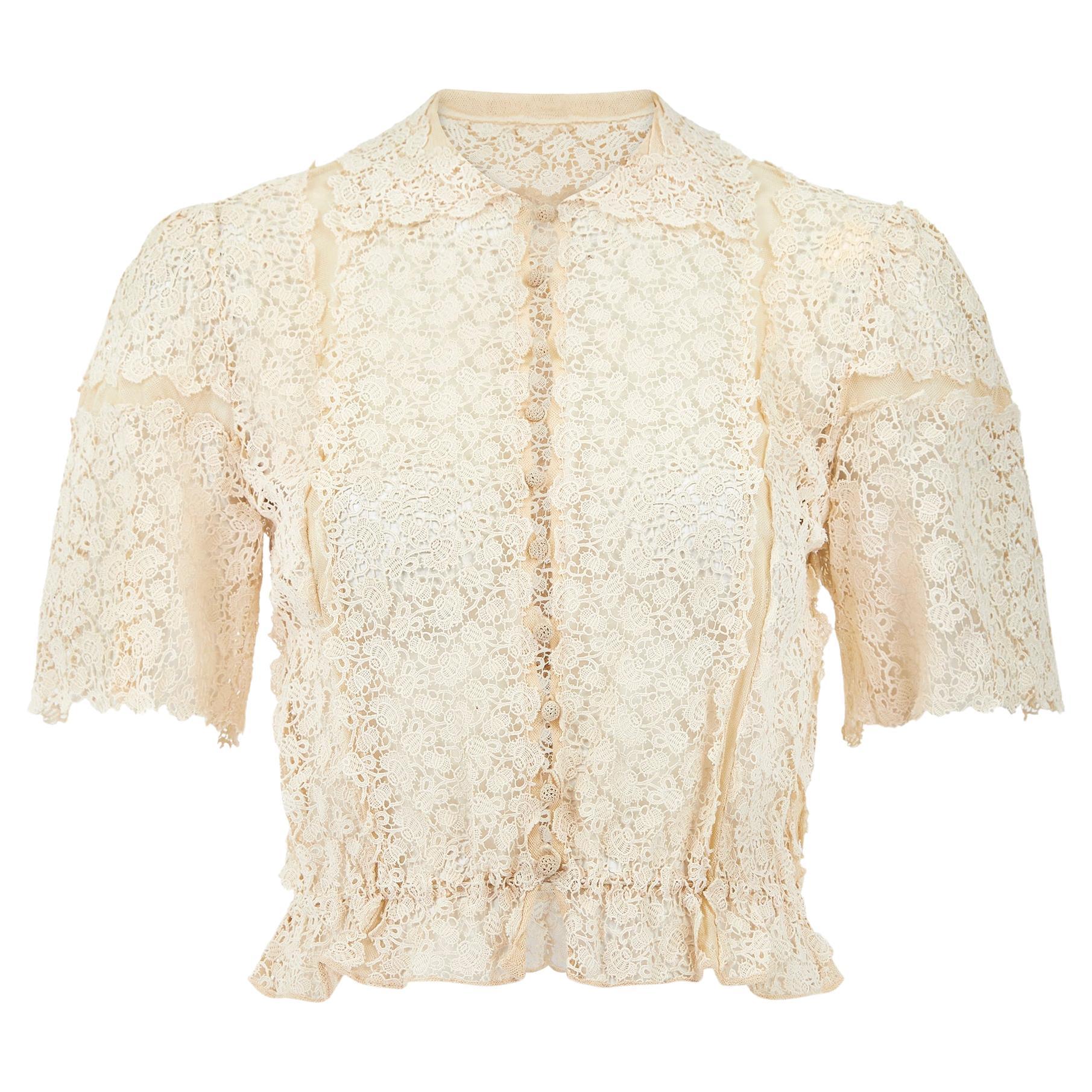 1930s Cream Lace and Tulle Blouse with Crochet Buttons For Sale