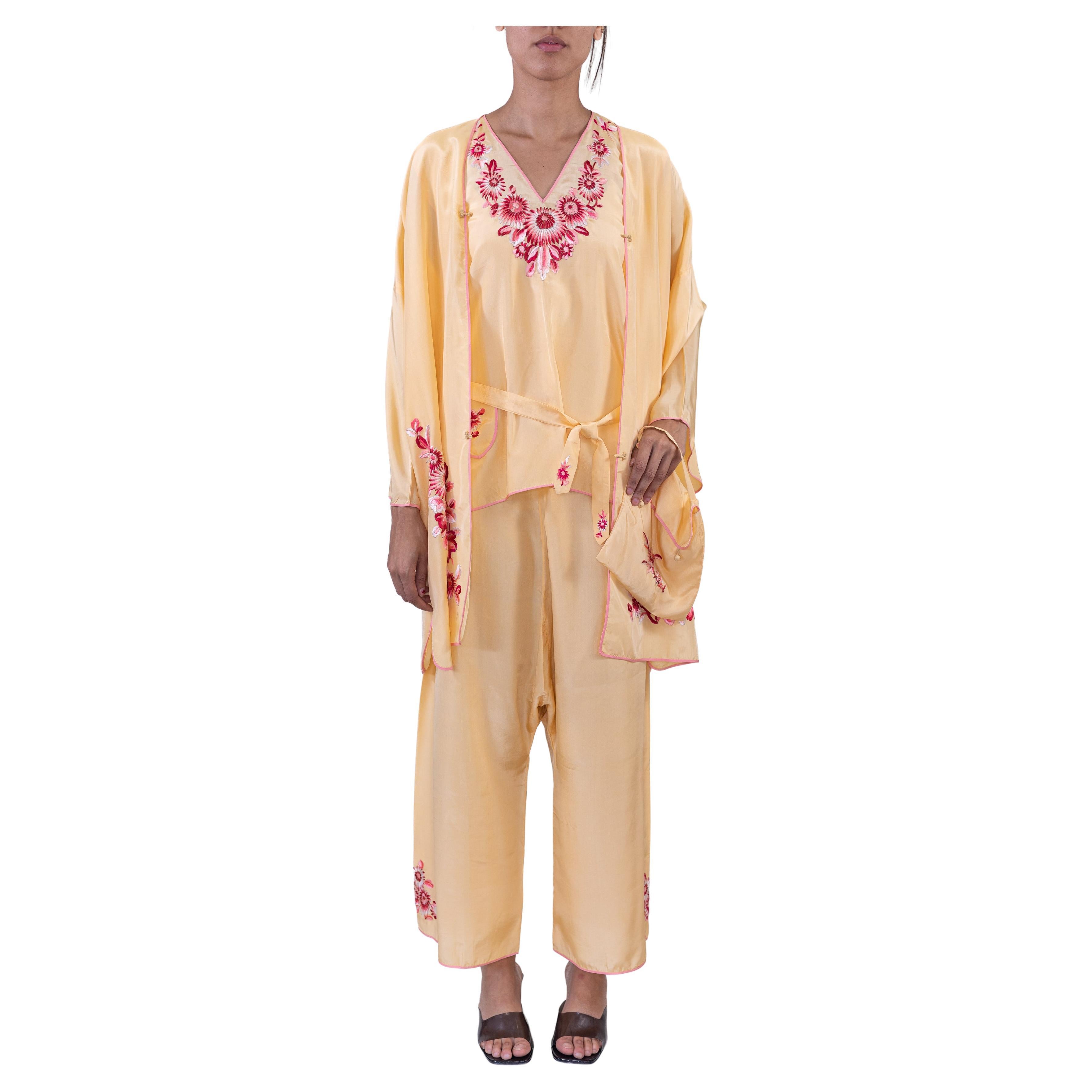 1930S Cream & Pink Silk Hand Embroidered Lounge Pajamas Set Of Kimono, Top, Pan