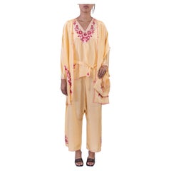 1930S Cream & Pink Silk Hand Embroidered Lounge Pajamas Set Of Kimono, Top, Pan