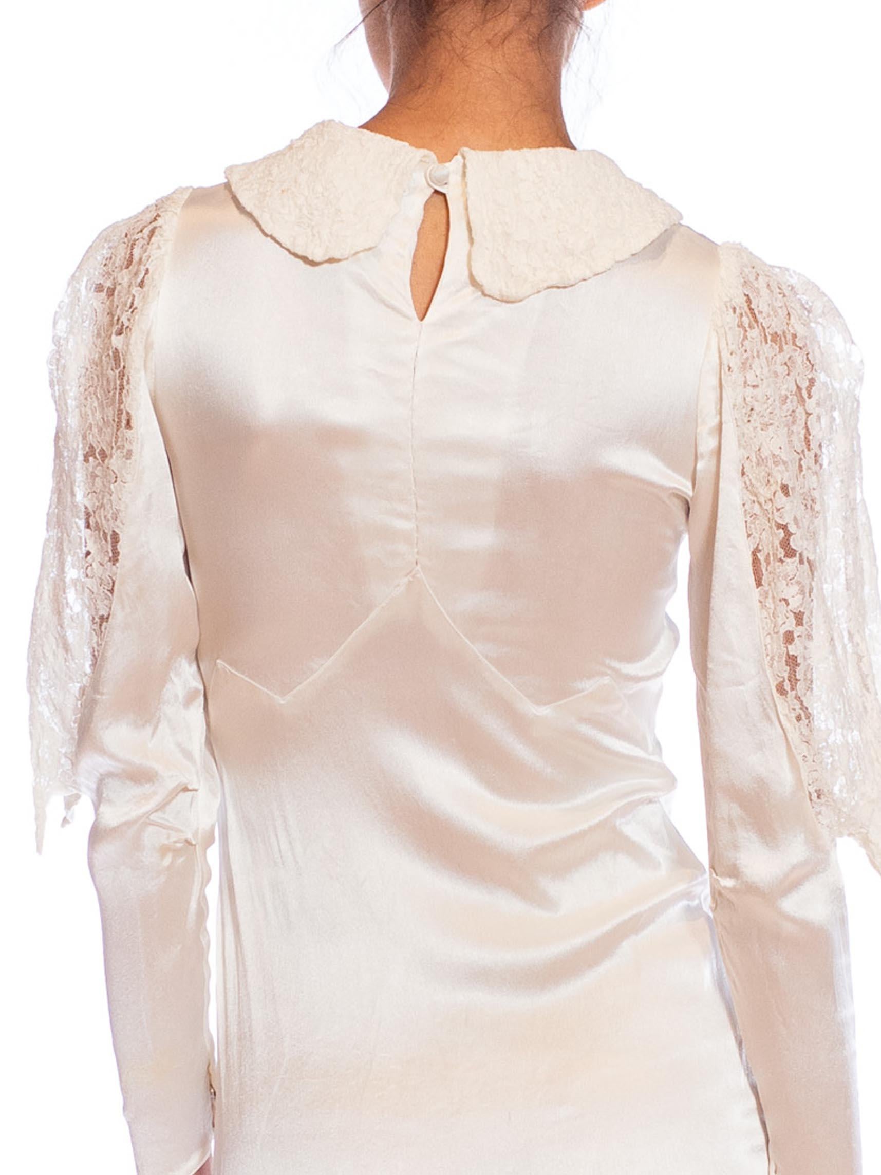 1930S Cream Rayon Satin & Chantilly Lace Unique Sleeve Dress For Sale 6