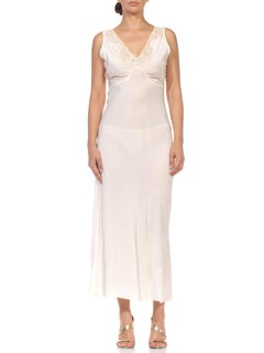 1930S Cream Rayon Shirred Bust Line And Lace Neck Slip Dress