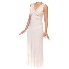 1930S Cream Rayon Shirred Bust Line And Lace Neck Slip Dress