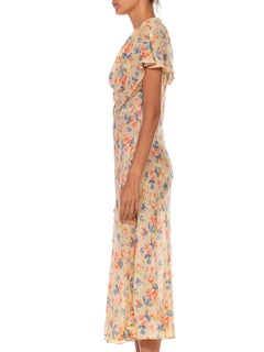 1930S Cream Red & Blue Silk Floral Bias Cut Day Dress With Capelet