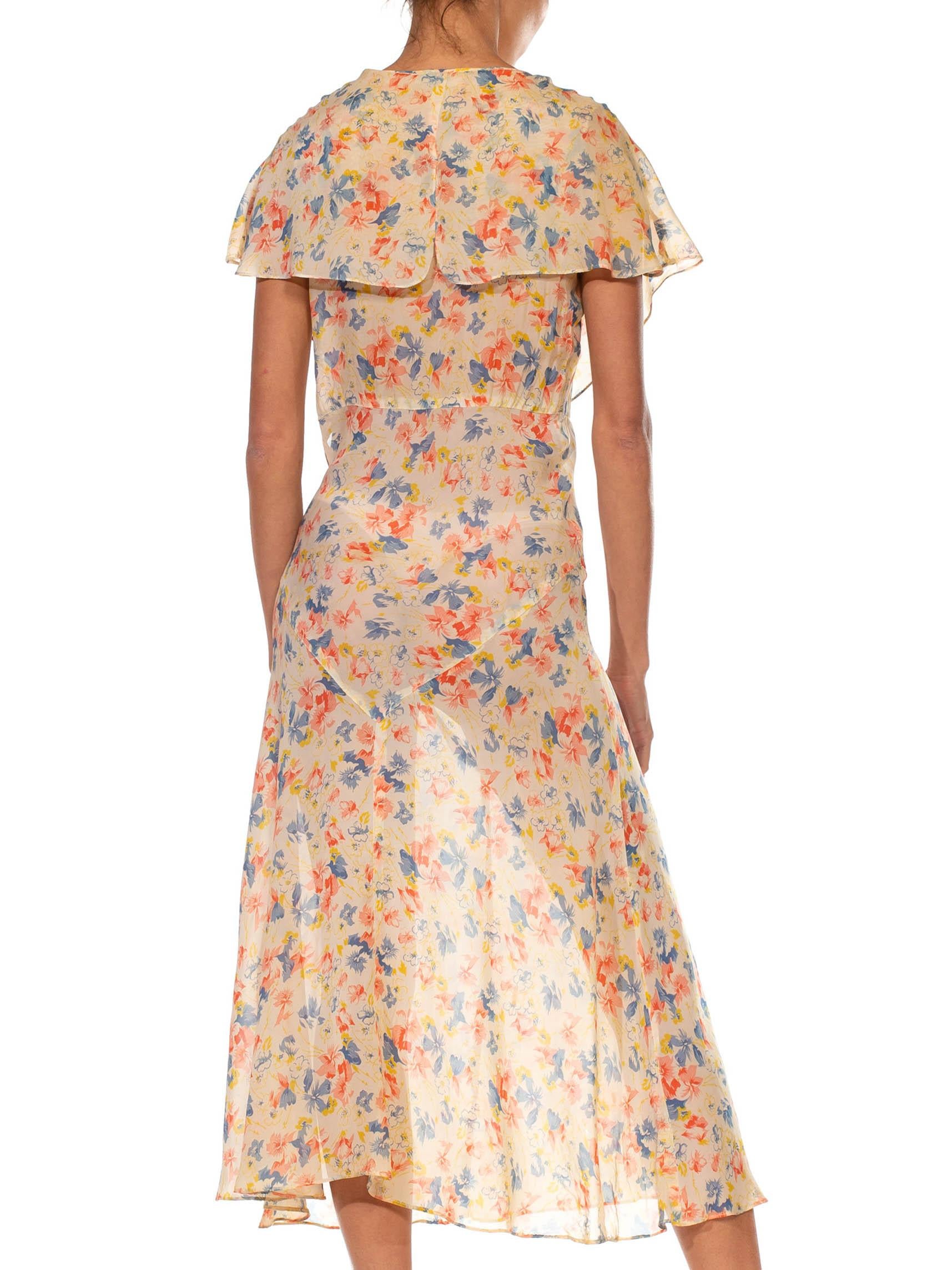 Women's 1930S Cream Red & Blue Silk Floral Bias Cut Day Dress With Capelet For Sale